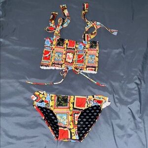 Agua Bendita Red and Blue Bikini with Geometric Patterns